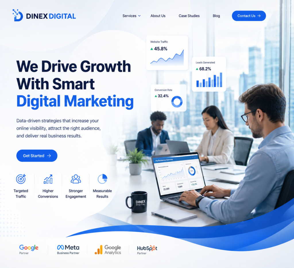 Dinex Digital corporate digital marketing team working on laptops with analytics dashboards in a modern international office