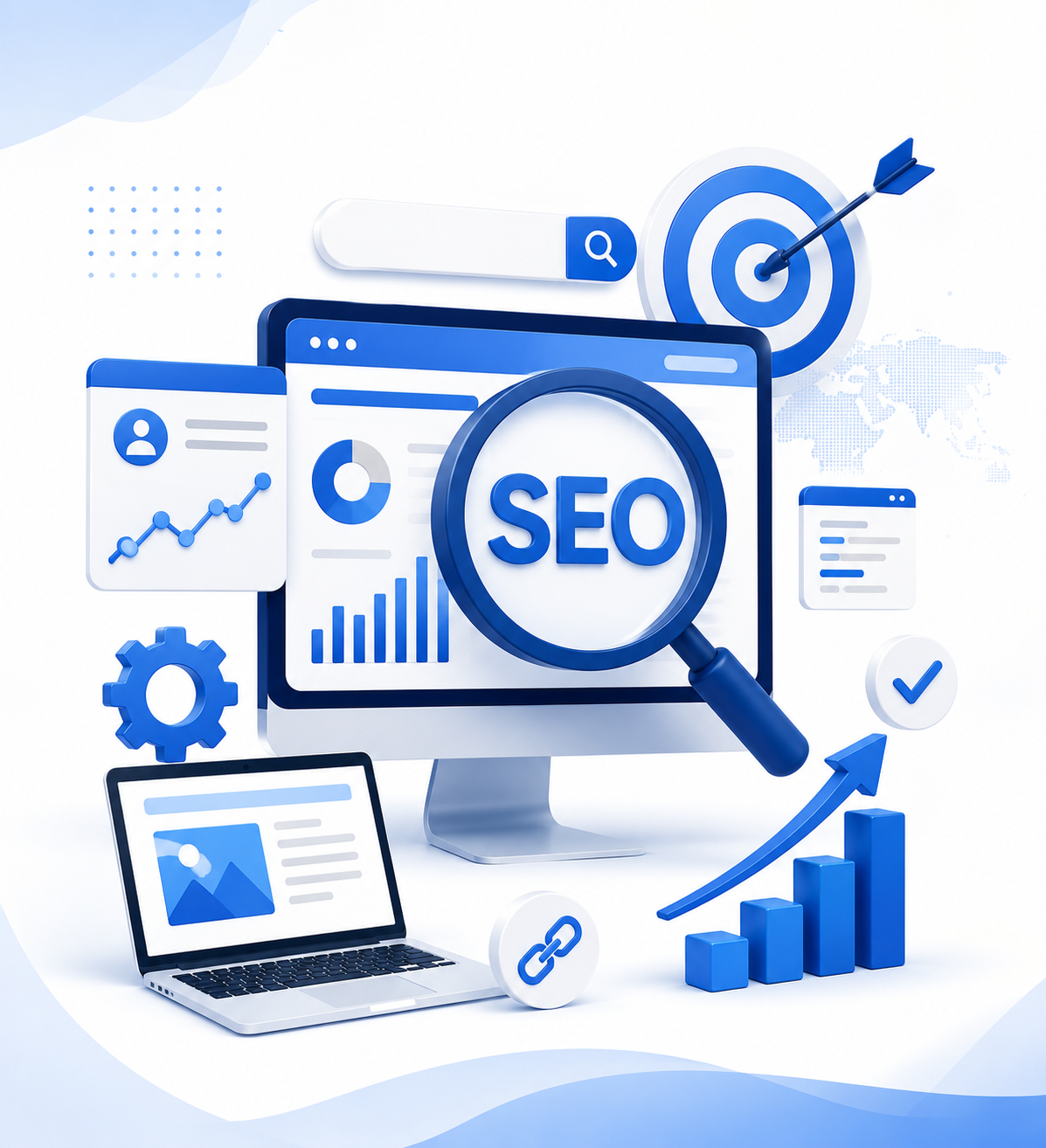 Dinex Digital SEO services illustration showing search optimization, analytics, target ranking, website traffic, and growth