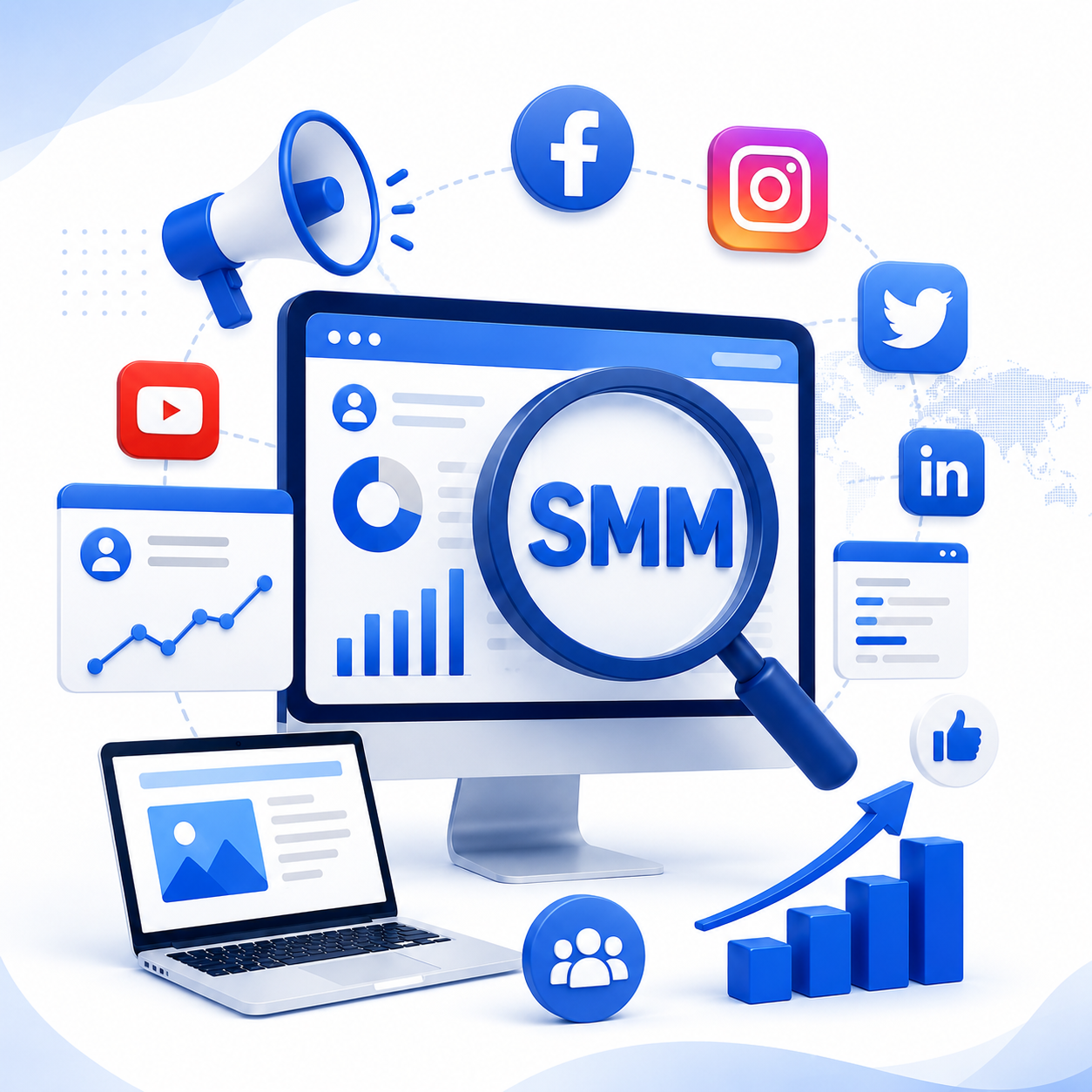 Dinex Digital social media marketing illustration with social media icons, engagement analytics, audience targeting, and growth chart