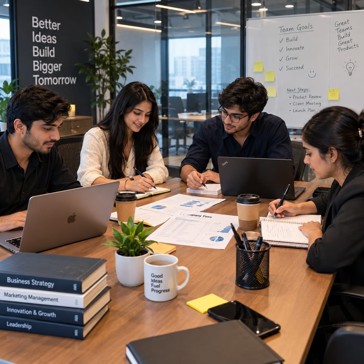 Corporate team discussing business strategy around a table with laptops, documents, and notebooks.